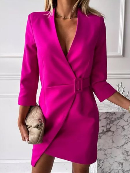 

Elegant V Neck Solid Three Quarter Dress, Rose red, Mini Dresses