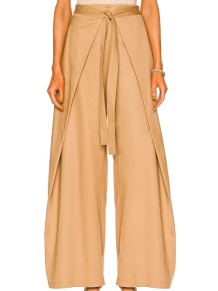 

Spring Loosen Casual Plain Drawstring waist Daily Household Pants, Khaki, Wide Leg Pants