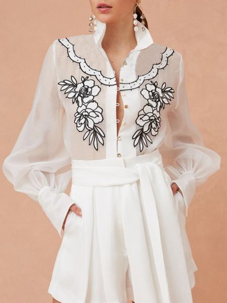 

Floral Regular Fit Elegant Shirt Collar Shirt, White, Blouses and Shirts