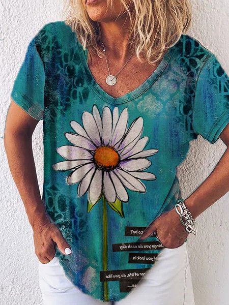 

Cotton Blends Casual Floral Shirts & Tops, Blue, T-Shirts