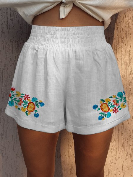 

Boho Floral Vacation Cotton Pants, White, Shorts