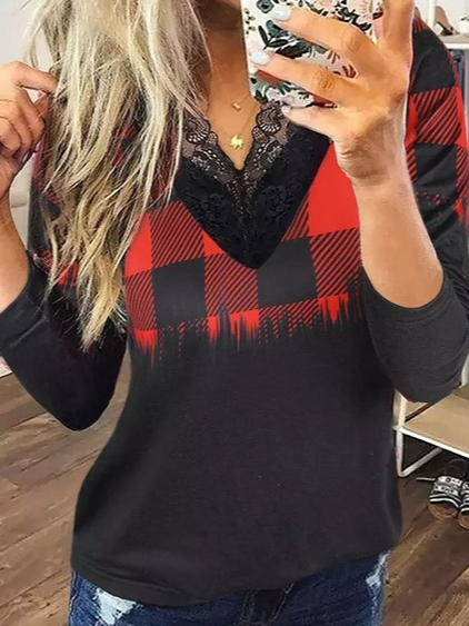 

V neck Color Block Casual Regular Fit Lace Shirts & Tops, Red, Tops