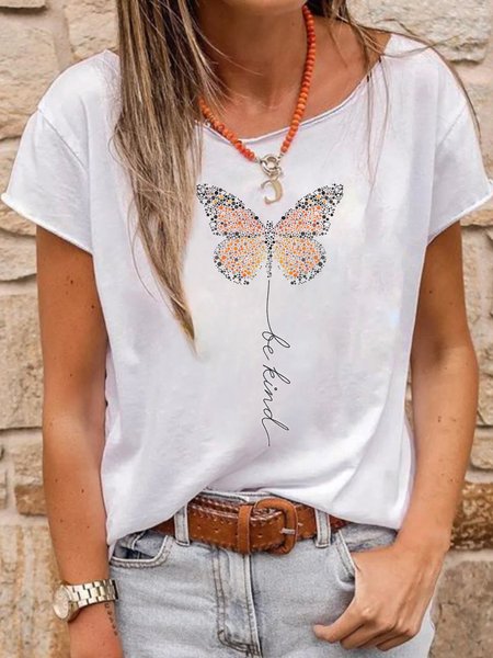 

Butterfly Letter Regular Loosen Vacation Shirts & Tops, White, T-Shirts