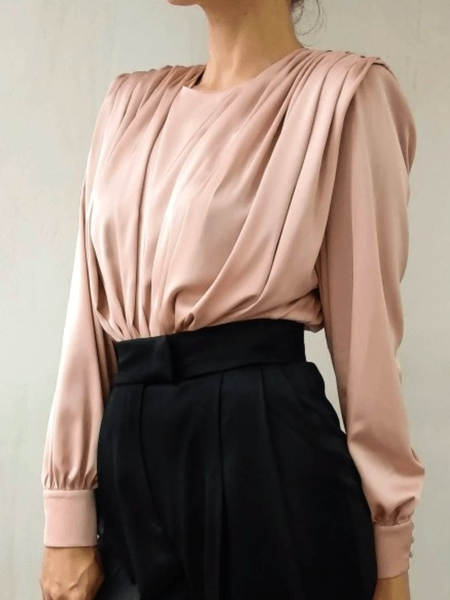 

Spring Crew Neck Loosen Plain Work Date Long sleeve Tops, Pink, Tops