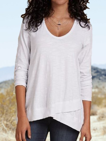 

Casual Solid Crew Neck Long Sleeve Tops, White, T-Shirts