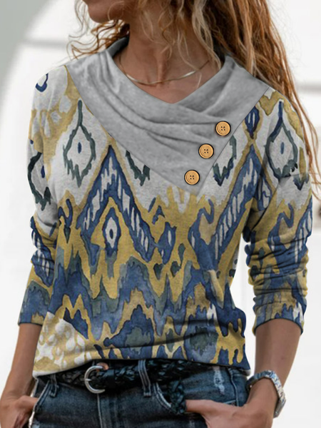 

Long sleeve pile collar geometric gradient nail buckle loose elastic top TX Plus Size, Blue, Long sleeve tops