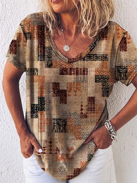 

Casual Short Sleeve V Neck Plus Size Printed Tops T-shirts, Multicolor, T-Shirts