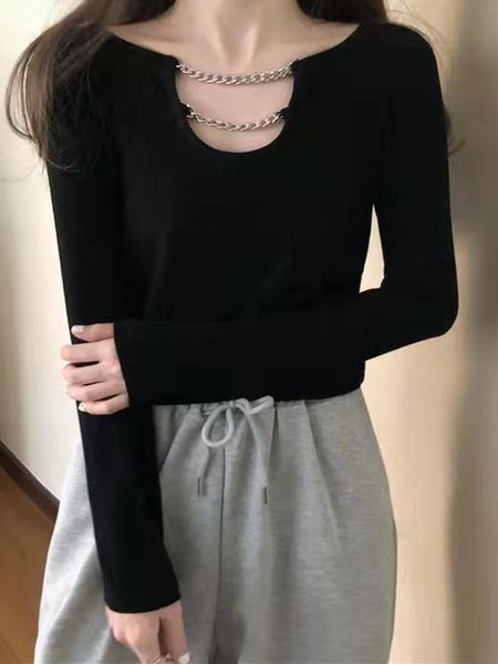 

Loosen Crew Neck Simple Top, Black, Tops