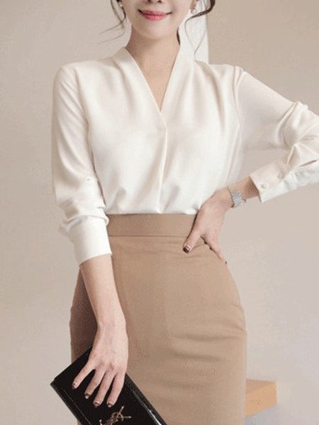 

Work Simple V Neck Cotton Solid Blouse, White, Blouses and Shirts