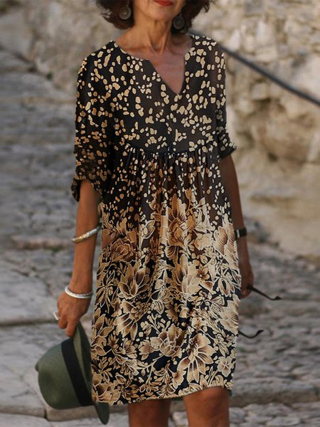 

Vintage Floral V Neck Loosen Half Sleeve Dresses, Black, Floral Dresses
