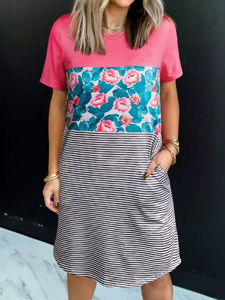 

Vacation Rose Loosen Striped Dresses, Rose red, Dresses