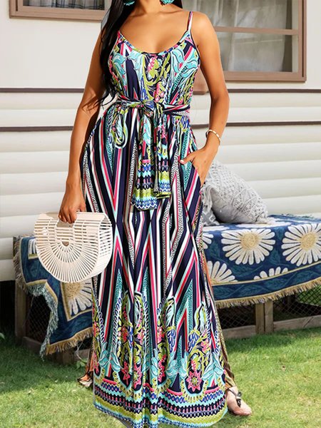 

Ethnic style positioning printed dress with headscarf, Blue, Boho dresses