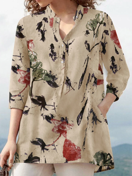 

Loosen Casual Stand Collar Floral Shirts & Tops, Khaki, Blouses & Shirts