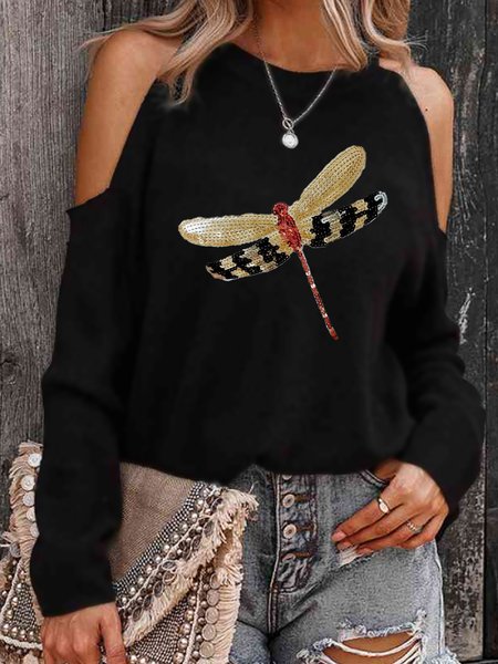 

Sequins Dragonfly clod shoulder Crew Neck Shirts & Tops, Black, Blouses & Shirts
