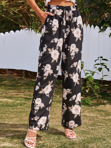 

Women's printed high-waist lace-up drape wide-leg pants trousers, Black, Pants