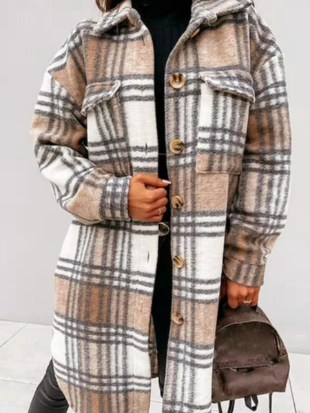 

Off Shoulder Shirt Collar Simple Loosen Outerwear, Khaki, Coats