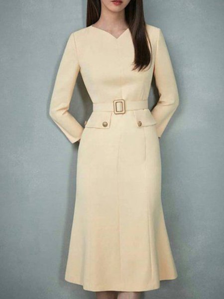 

Solid Elegant Slim Fit Mermaid Dress, Yellow, Midi Dresses
