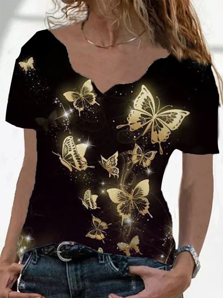 

Ladies Short-sleeved Cotton Bronzing Butterfly T-shirt, Black, Tees & T-shirts