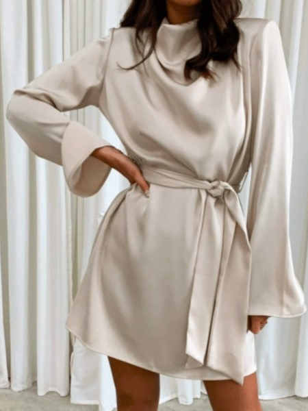 

Spring A-line Plain Simple Date Daily Household Long sleeve Dresses, Apricot, Midi Skirts