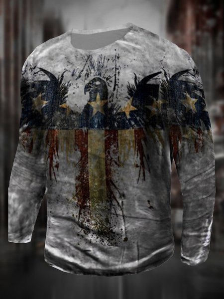 

Men's American Flag Street Crew Neck Long Sleeve T-shirt, Gray, T-shirt