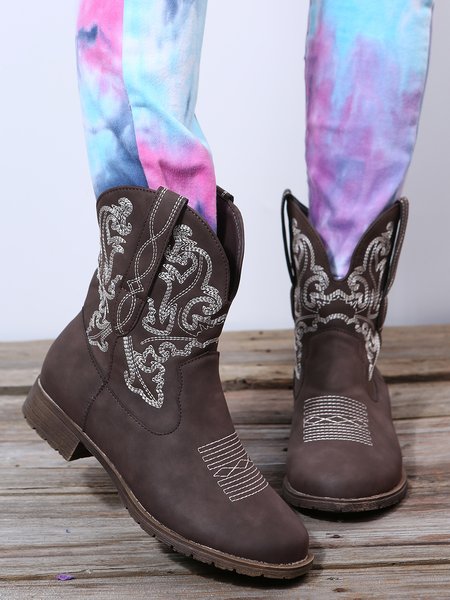 

Retro Ethnic Embroidered Cowboy Boots, Brown, Boots