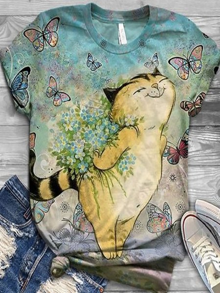 

Cat Floral Printed Short Sleevse Colorful T-shirt Shirts & Tops, Lake blue, T-Shirts
