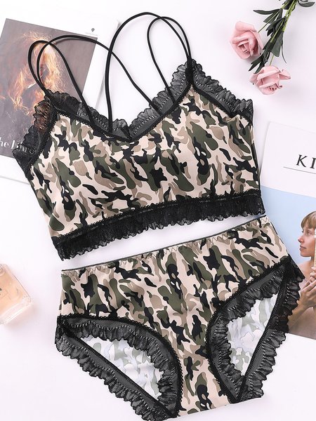 

Sexy Lace Print Plus Size Tube Top Suit, Camouflage, Underwear