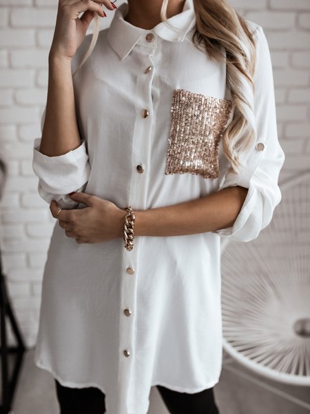 

paillettes Colletto a Camicia Casuale Allentare Top, Bianco, Blouses & Shirts