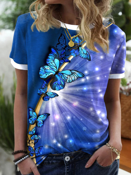 

Round Neck Butterfly Shirts & Tops, Blue, Tops