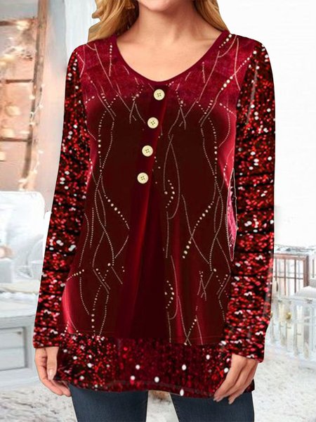 

Geometric Cotton Blends Loosen Sequins Shirts & Tops, Red, Tops