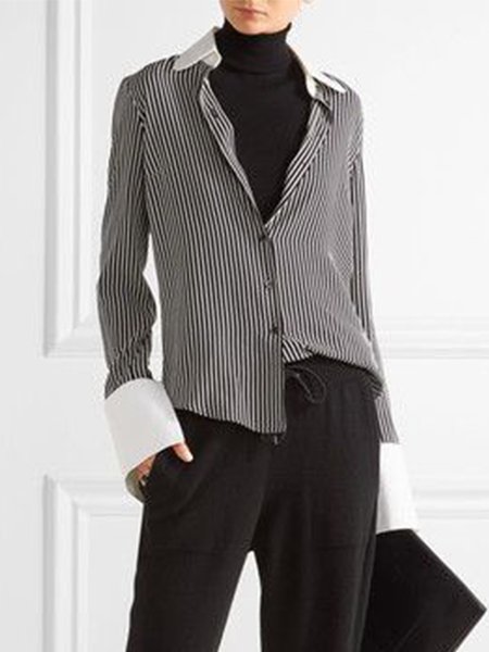 

Simple Striped Shirt Collar Color Block Top, As picture, Blouses and Shirts