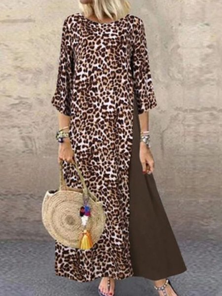 

Plus Size Crew Neck Loosen Leopard Dresses（accessory not included）, Brown, Maxi Dresses