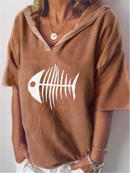 

Pesce Osso Stampato cappuccio Metà Manica Top, Giallo, Blouses & Shirts