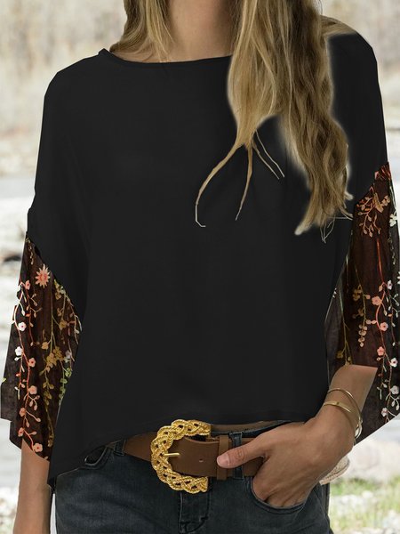 

Vacation Floral Embroidered Loosen Crew Neck Shirts & Tops, Black, Tops