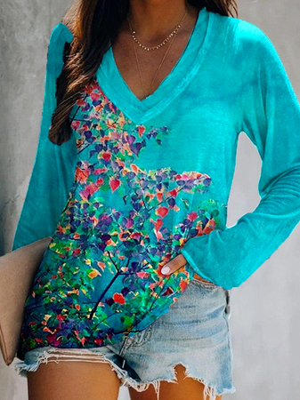 

Floral Pattern Casual V Neck Shirts & Tops, Mint, Long sleeve tops