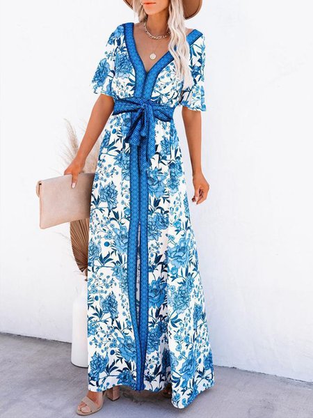

Floral slits lace-up temperament casual holiday style dress, Blue, Floral Dresses