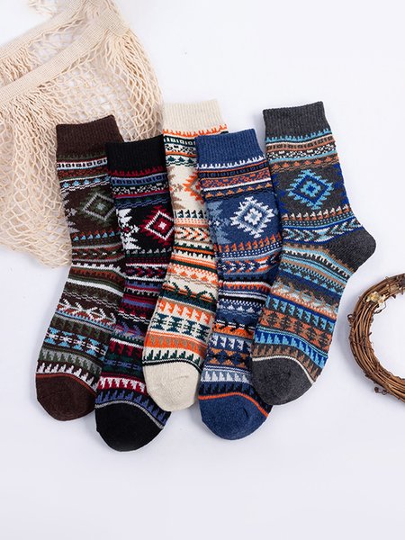Wool Retro Ethnic Warm Socks 5 Pieces, As picture, Accessories