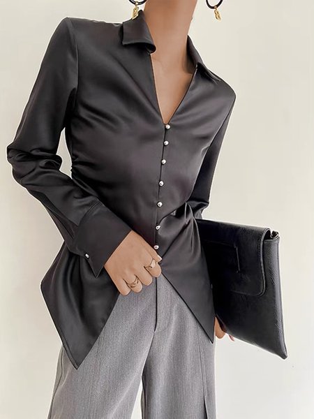 

Shirt Collar Elegant Long sleeve Shirt, Black, Blouses and Shirts