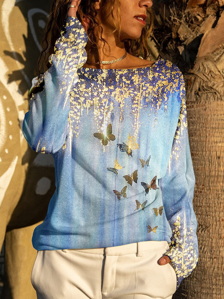 Cotton Blends Butterfly Ombre Shirts & Tops, Blue, Tops