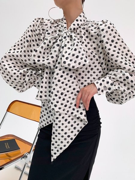 

Elegant Tie Neck Polka Dots Shirt, White, Blouses and Shirts