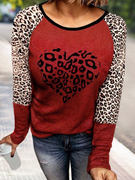 

Plus Size Crew Neck Leopard Casual Loosen Shirts & Tops（accessory not included）, Red, Long sleeve tops