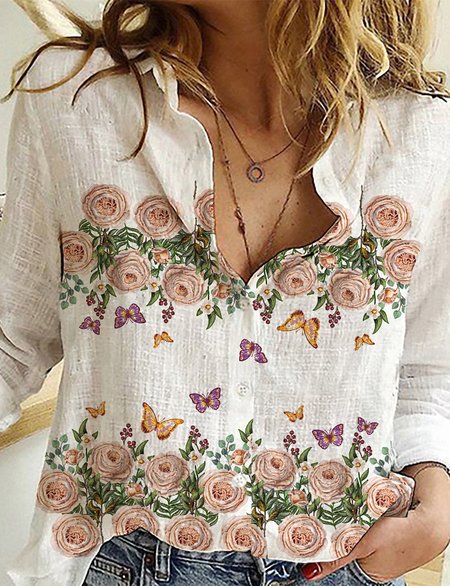 

Floral Butterfly Printed Long Sleeve Loosen Shirts & Tops, White, Long sleeve tops