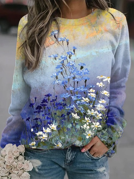 

JFN Crew Neck Casual Floral Loosen Sweatshirt, Multicolor, Sweatshirts & Hoodies