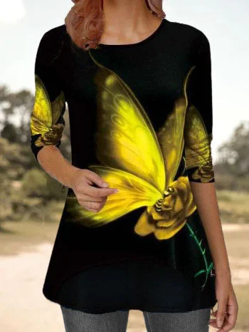 

Butterfly Floral Printed A-linek Long Sleeve Shirts & Tops, Black, Long sleeve tops