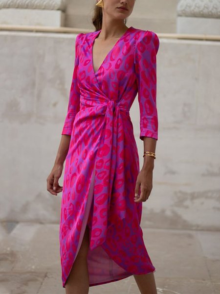 

Lady Regular Fit Polka Dots V Neck Midi Dress, Rose red, Midi Skirts