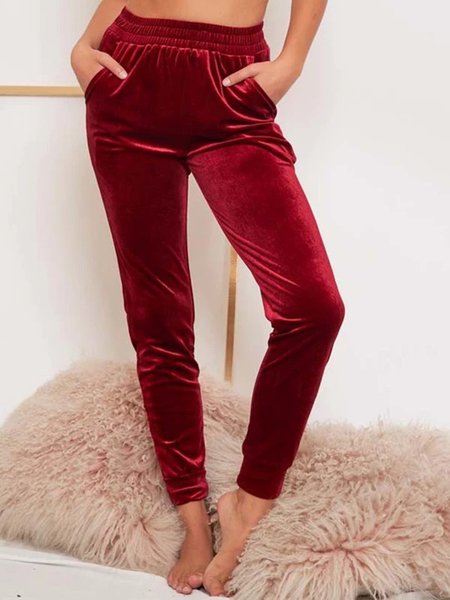 

Elastic Waist Pocket Solid Pants, Red, Pants