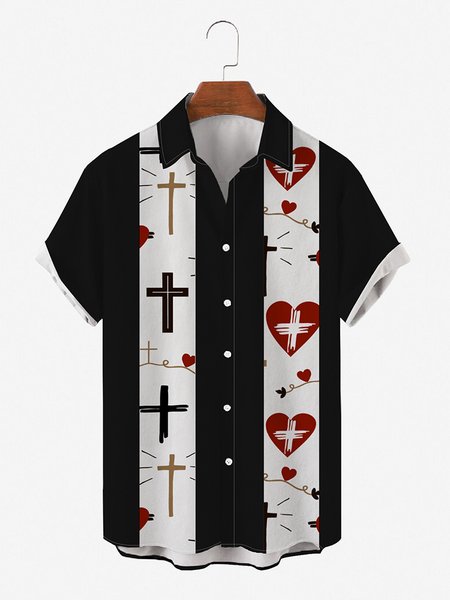 

Mens St Valentine Heart Cross Print Casual Breathable Loose Short Sleeve Bowling Shirts, Black, Men's Floral shirt
