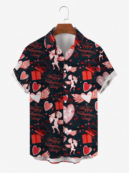 

Mens St Valentine Cupid Print Casual Breathable Loose Short Sleeve Hawaiian Shirts, Black, Shirts ＆ Blouse