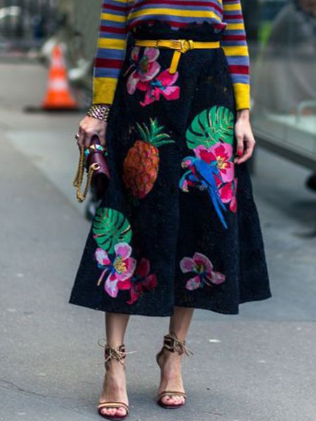 

Floral Lady Regular Fit Skirt, Black, Midi Skirts