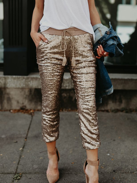 

Sequin Plain Shinny Straight Elastic Waist Pants, Golden, Pants